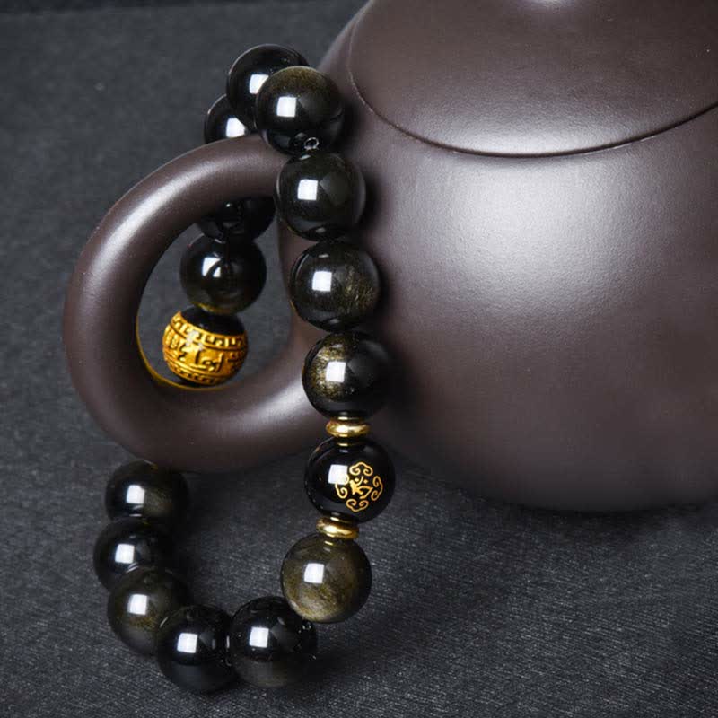 Buddha Stones Chinese Zodiac Natal Buddha Gold Sheen Obsidian Wealth Protection Bracelet