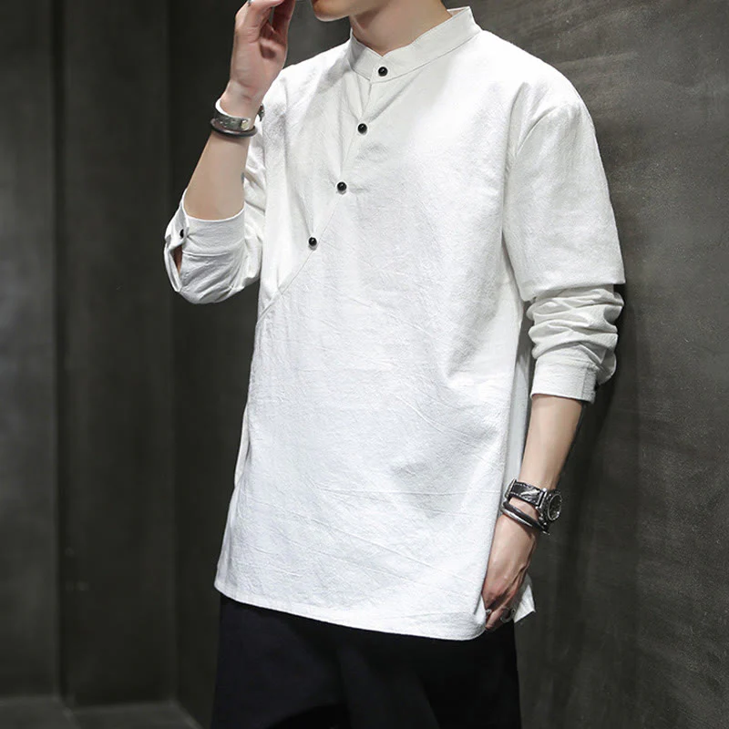 Buddha Stones Plain Lace-Up Simple Button Design Men's Long Sleeve Cotton Linen Shirt Clothing