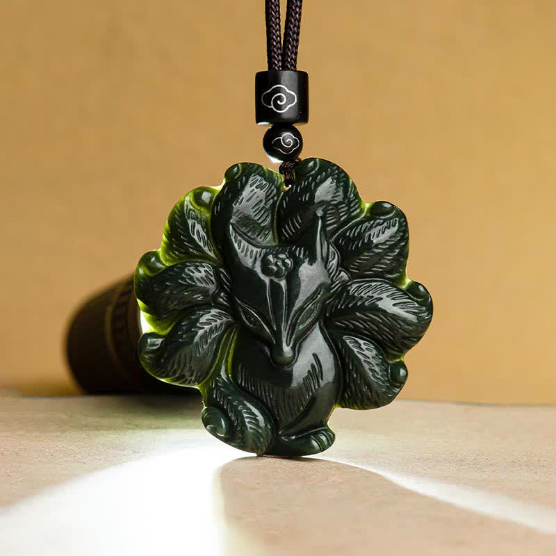 Buddha Stones Hetian Cyan Jade Nine Tailed Fox Luck Necklace String Pendant