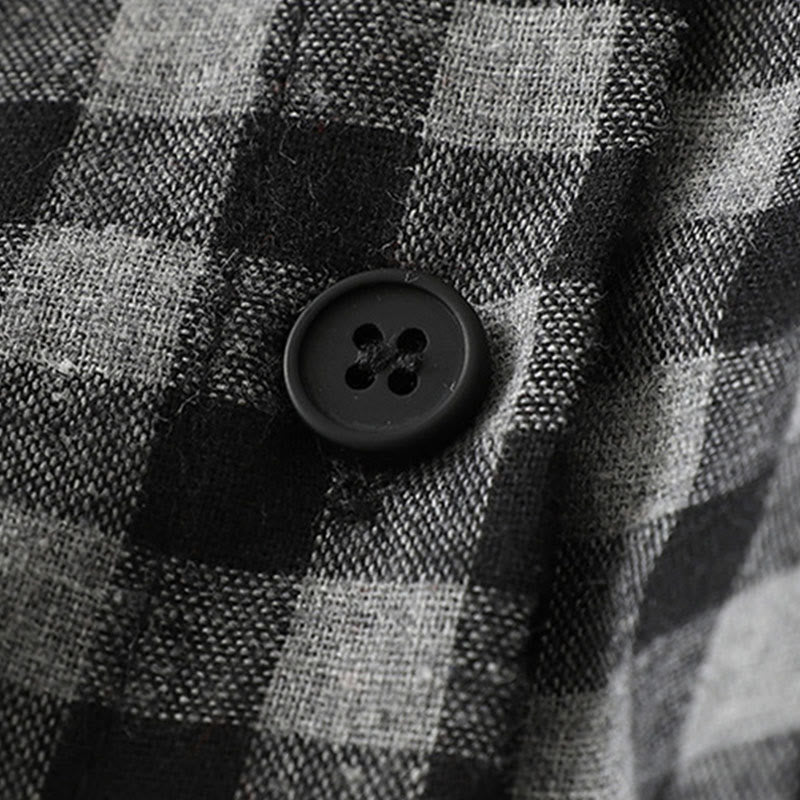 Buddha Stones Black Lace-Up Design Plaid Lapel Cotton Linen Midi Dress With Pockets