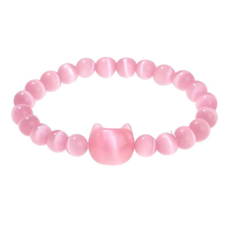 Buddha Stones Lovely Cat Head Pink Cat's Eye White Cat's Eye Spiritual Beads Bracelet