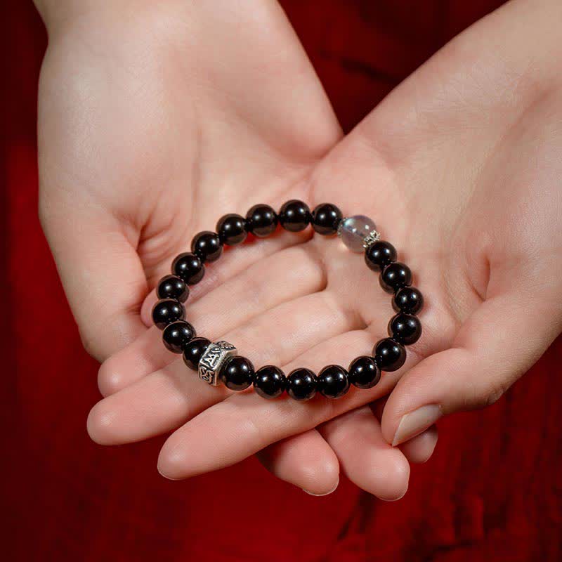 Buddha Stones Chinese Zodiac Natal Buddha 925 Sterling Silver Black Obsidian Moonstone Strength Bracelet