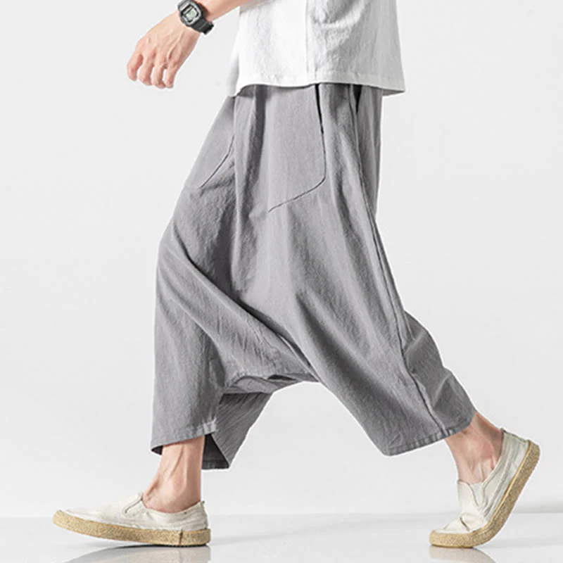 Buddha Stones Casual Low Crotch Design Drawstring Men's 7-8 Length Cotton Linen Wide Leg Pants With Pockets