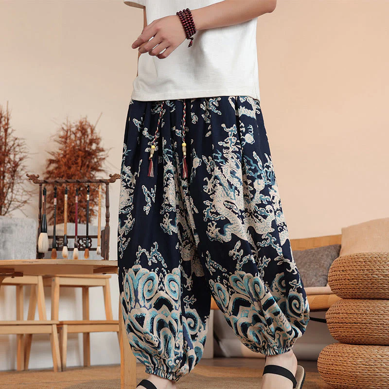 Buddha Stones Dragon Print Cotton Men's Harem Ankle-Length Pants With Pockets