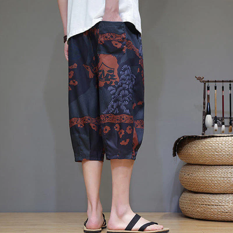 Buddha Stones Summer Bamboo Leaves Flowers Cotton Linen Men's Capri Pants With Pockets