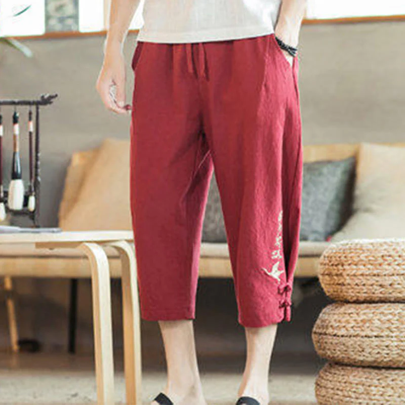 Buddha Stones Crane Embroidery Cotton Men's Cropped Harem Pants With Pockets