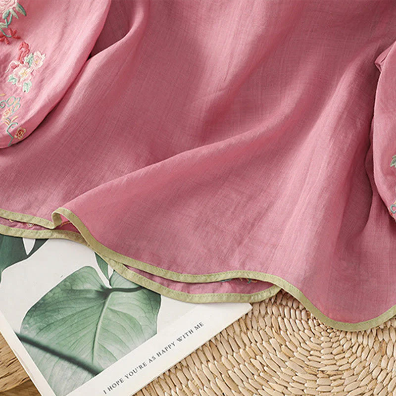 Buddha Stones Casual Women's Embroidered Flower Stand Collar Design Three Quarter Sleeve Cotton Linen Shirt