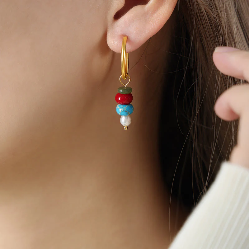 Buddha Stones Tibetan Marnyi Stone Design Natural Red Agate Pearl Confidence Titanium Steel Earrings