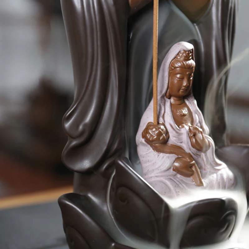 Buddha Stones Buddha Avalokitesvara Chenrezig Ksitigarbha Ceramic Lotus Blessing Backflow Incense Burner