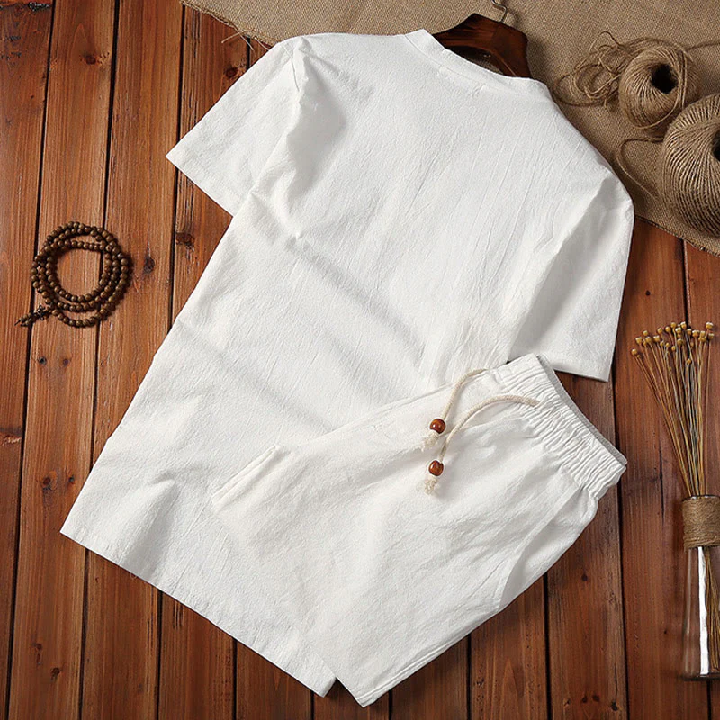 Buddha Stones Summer Casual 2Pcs Plain Notched Collar T-Shirt Drawstring Shorts With Pockets Cotton Linen Men's Meditation Cloth Set