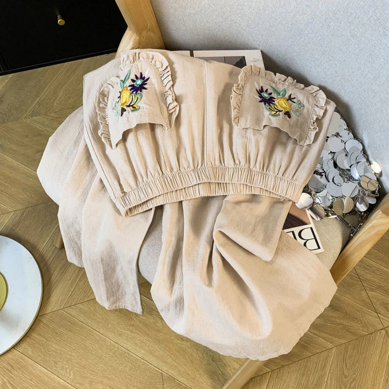 Buddha Stones Casual Beige Embroidery Women's Wide Leg Cotton Linen Pants With Pockets