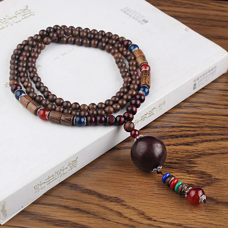 Buddha Stones Tibetan Wenge Wood Bodhi Seed Agate Balance Peace Necklace Pendant