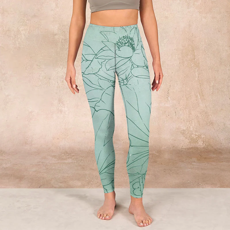 Buddha Stones Green Lotus Flower Print Sports Leggings Women's Yoga Pants