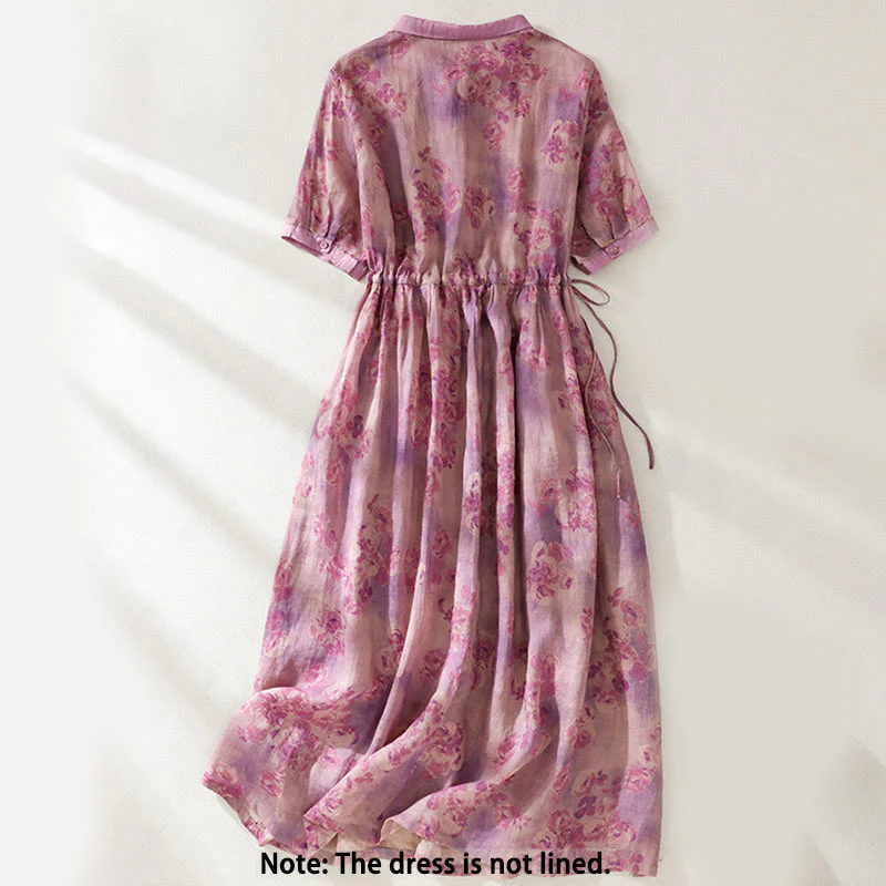 Buddha Stones Retro Printing Buttons Design Drawstring High Waist Cotton Midi Dress With Pockets