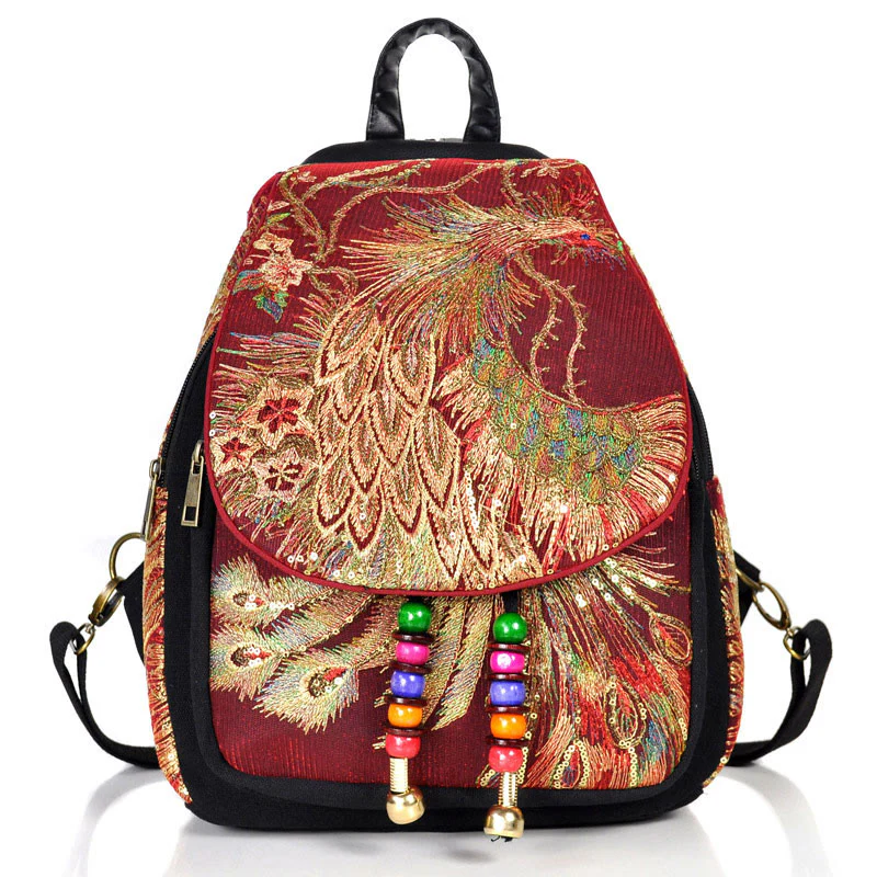 Buddha Stones Peacock Embroidery Canvas Tassel Backpack