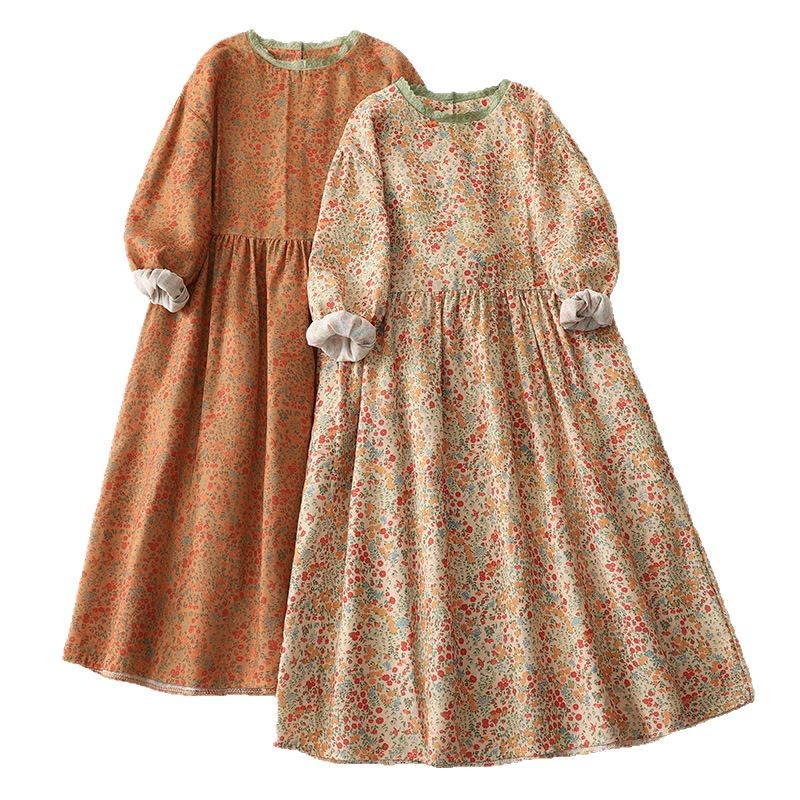 Buddha Stones Casual Floral Lace Crew Neck Balloon Long Sleeve Cotton Linen Midi Dress With Pockets