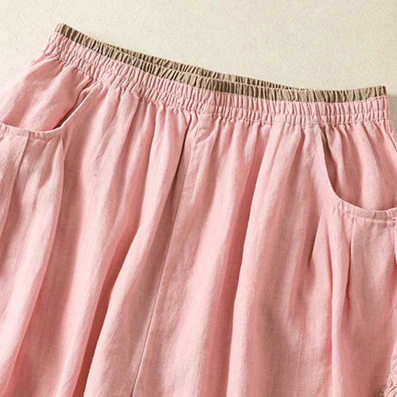 Buddha Stones Casual Embroidery Women's Cotton Linen 7-8 Length Harem Pants With Pockets