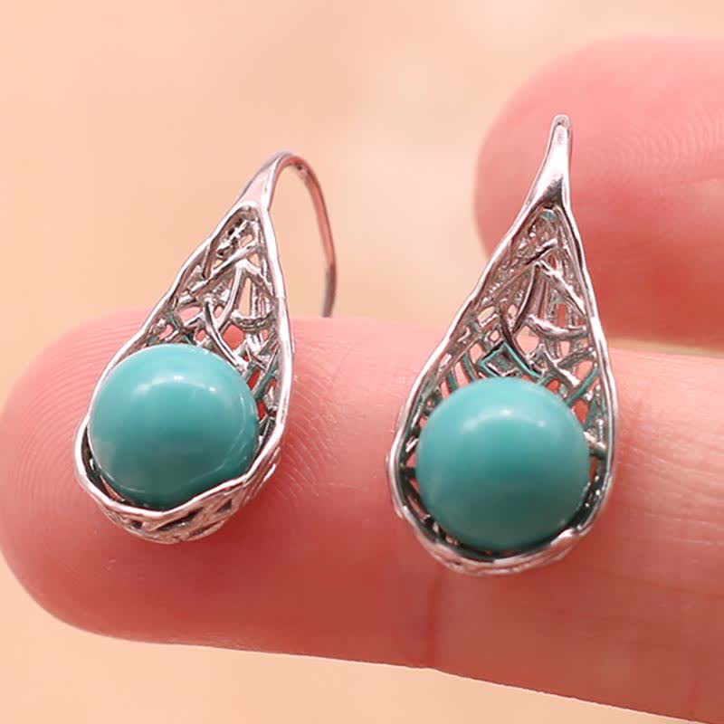 Buddha Stones 925 Sterling Silver Turquoise Beaded Pattern Protection Drop Dangle Earrings