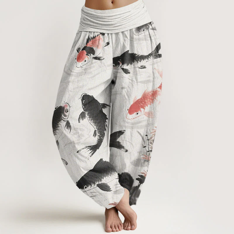 Buddha Stones Casual Koi Fish Pattern Women's Elastic Waist Harem Pants