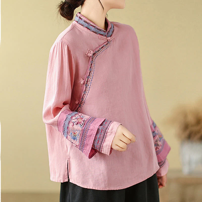 Buddha Stones Embroidered Slanted Buttons Cotton Linen Women's Shirt