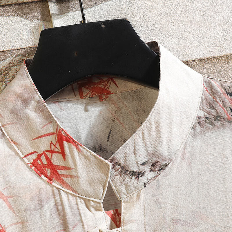 Buddha Stones Summer Bamboo Butterfly Pattern Frog-button Design Men's Shirt Jacket