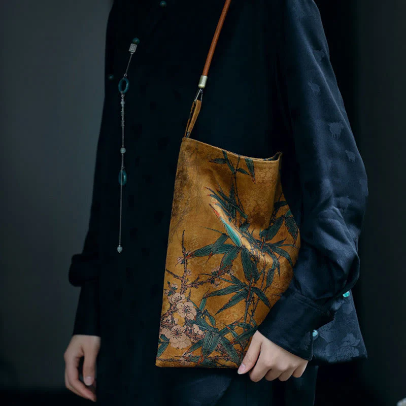 Buddha Stones Bamboo Leaves Flower Butterfly Persimmon Shoulder Bag Handbag