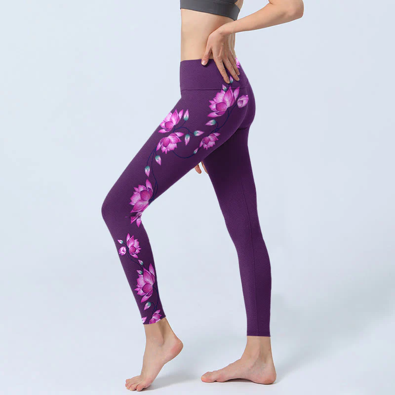 Buddha Stones Purple Pink Lotus Flower Print Gym Leggings Women's Yoga Pants