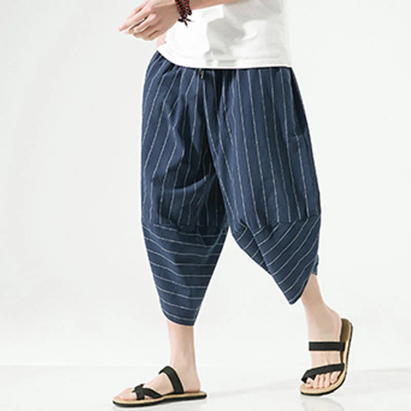 Buddha Stones Casual Plain Stripes Pattern Drawstring Men's 7-8 Length Cotton Linen Harem Pants With Pockets