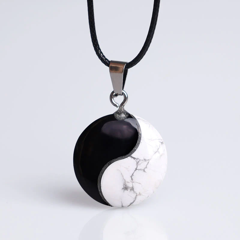Buddha Stones Natural Black Obsidian White Turquoise Yin Yang Transformation Rope Necklace Pendant