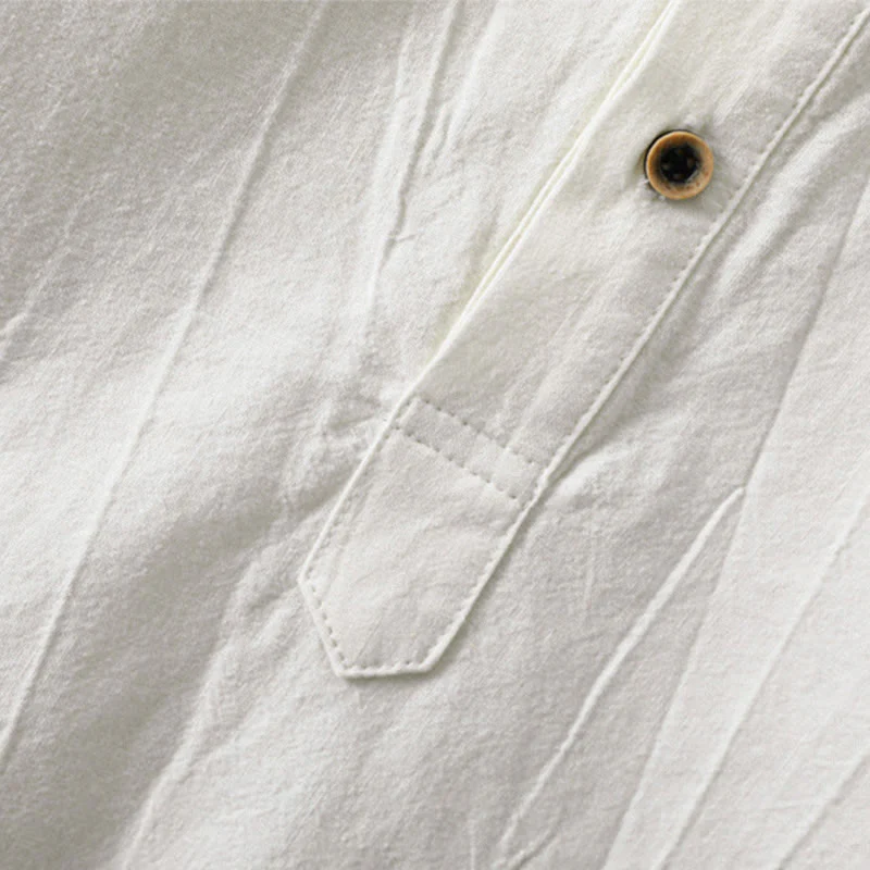 Buddha Stones Plain Pleats Half Buttons Design Stand Collar Men's Long Sleeve Cotton Linen Shirt