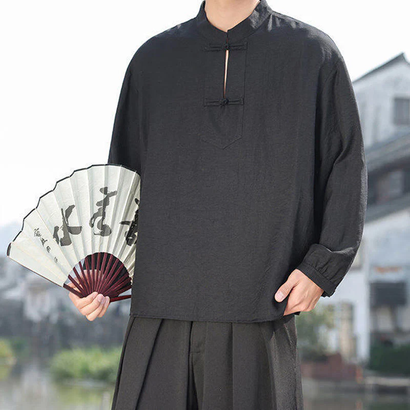 Buddha Stones Two Frog-Button Stand Collar Long Sleeve Men's Cotton Shirt