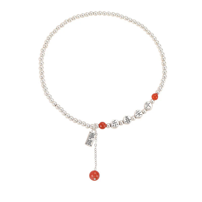 Buddha Stones 925 Sterling Silver Small Beads Red Agate Peace And Joy Blessing Anklet