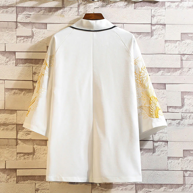 Buddha Stones Embroidery Dragon Phoenix Auspicious Cloud Waves Leaves Cranes Open Front Jacket Men's Kimono