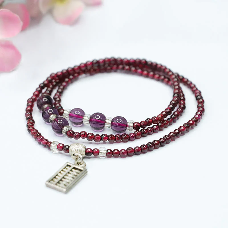 Buddha Stones Natural Garnet Elephant Abacus Lucky Bag PiXiu Protection Triple Wrap Bracelet