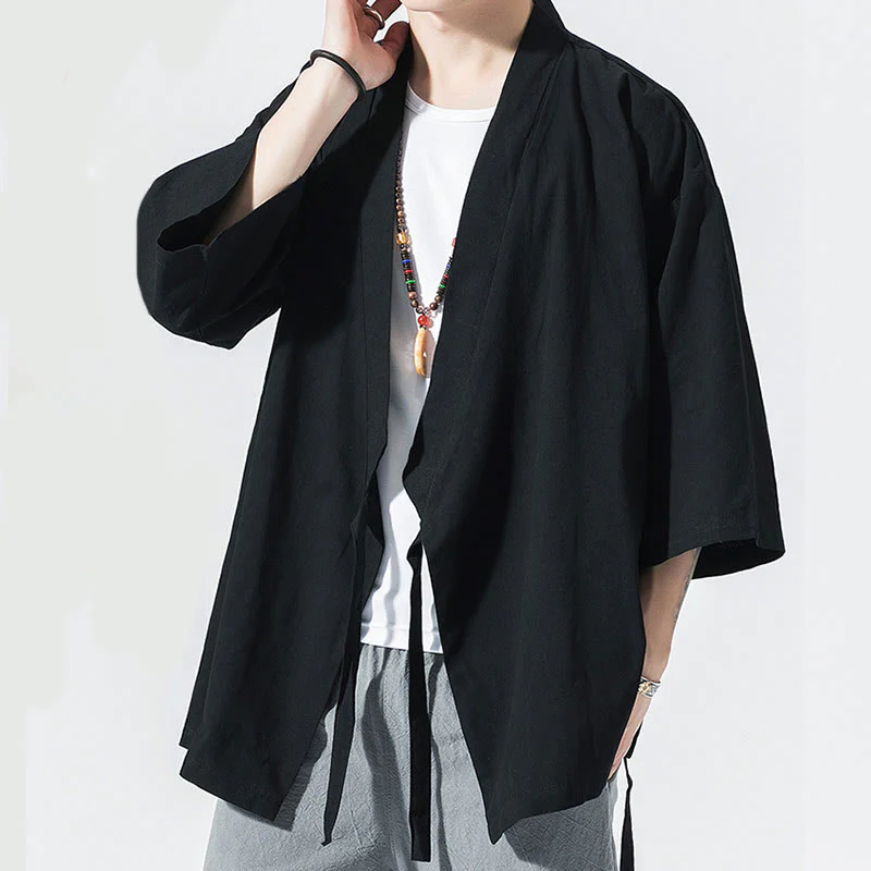 Buddha Stones Casual Plain Tang Suit Open Front Jacket Cotton Linen Men's Kimono