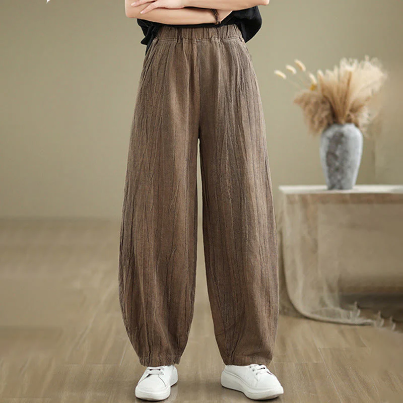 Buddha Stones Casual Plain Women's Cotton Linen Harem Pants With Pockets