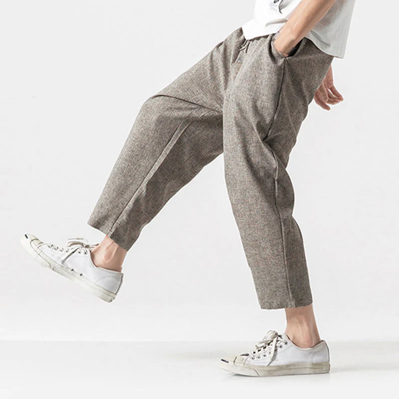 Buddha Stones Summer Plain Men's 7-8 Length Cotton Linen Pants With Pockets