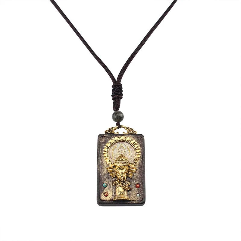 Buddha Stones Ebony Wood Elephant God of Fortune Buddha Blessing Necklace String Pendant