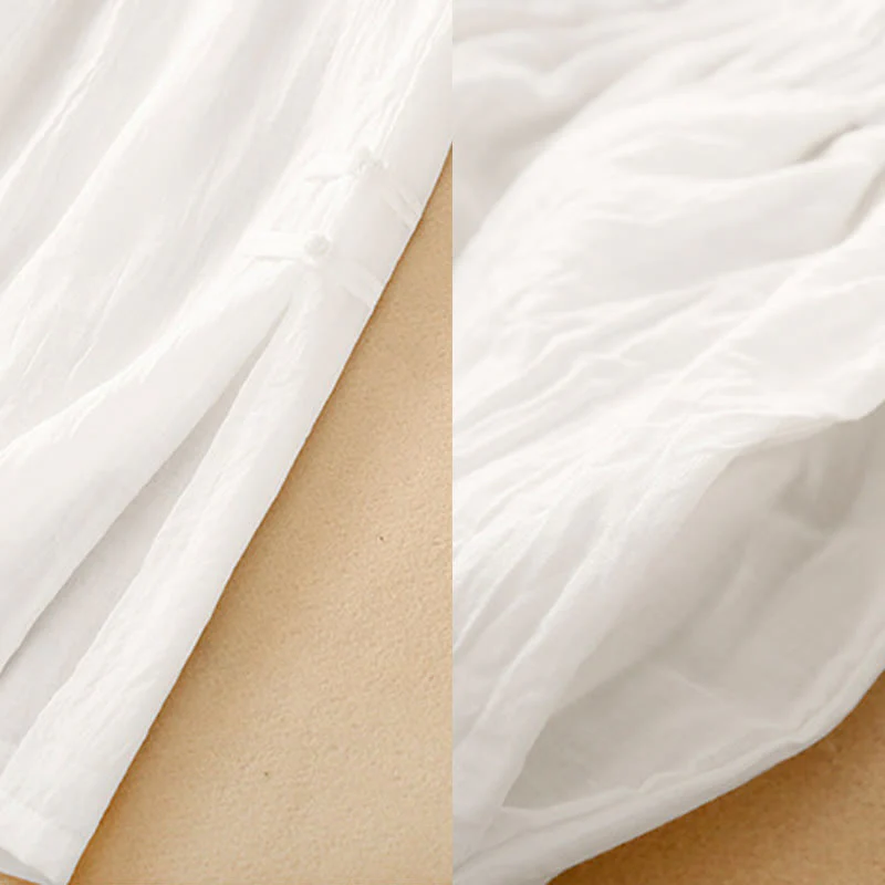 Buddha Stones Frog-Button Hem Slit Design Women's Wide Leg Cotton Linen Pants With Pockets