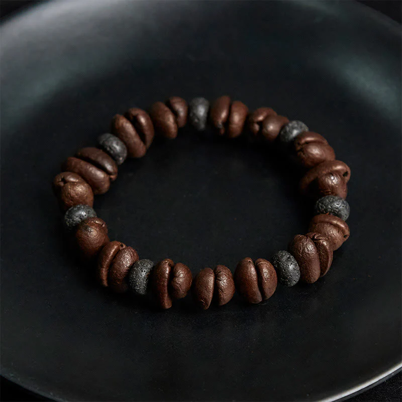 Buddha Stones Natural Coffee Beans Tiger Eye Grey Jasper Lava Rock Beads Bracelet