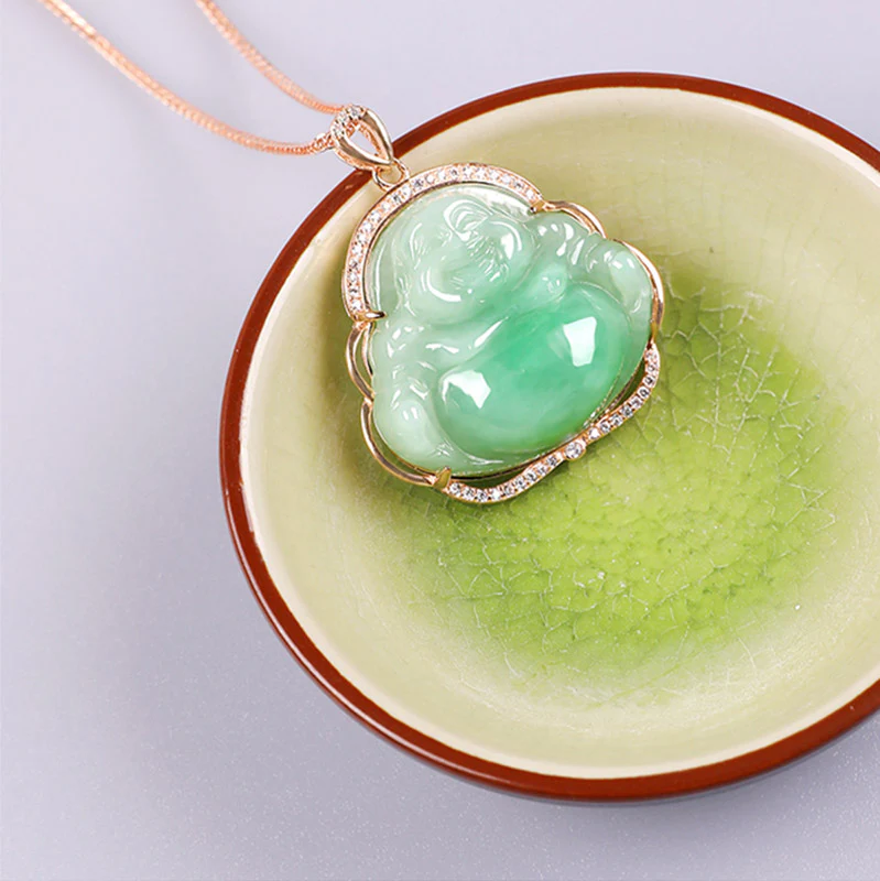 925 Sterling Silver Laughing Buddha Natural Jade Prosperity Necklace Chain Pendant