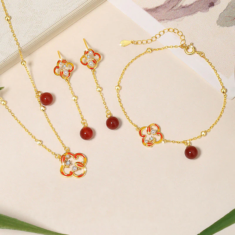 Buddha Stones 925 Sterling Silver Four Leaf Clover Koi Fish Red Agate Pearl Wealth Bracelet Necklace Pendant Earrings Set
