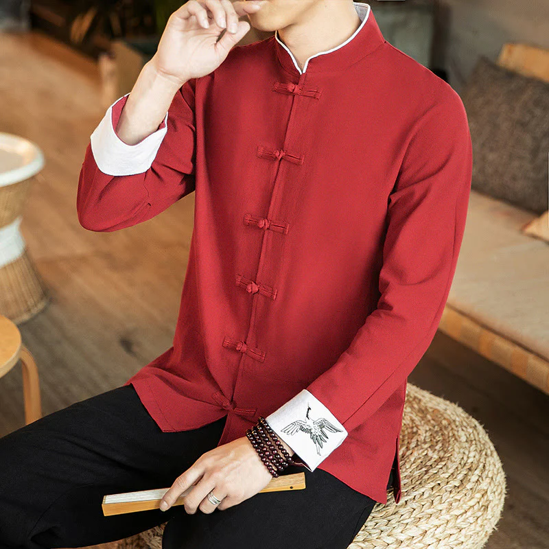 Buddha Stones Tang Suit Frog-Button Crane Embroidery Long Sleeve Cotton Men's Shirt