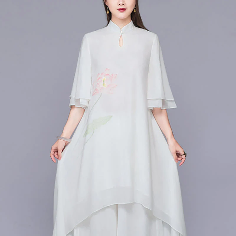 Buddha Stones 2Pcs Lotus Flower Cheongsam Midi Dress Wide Leg Pants Chiffon Zen Women's Set