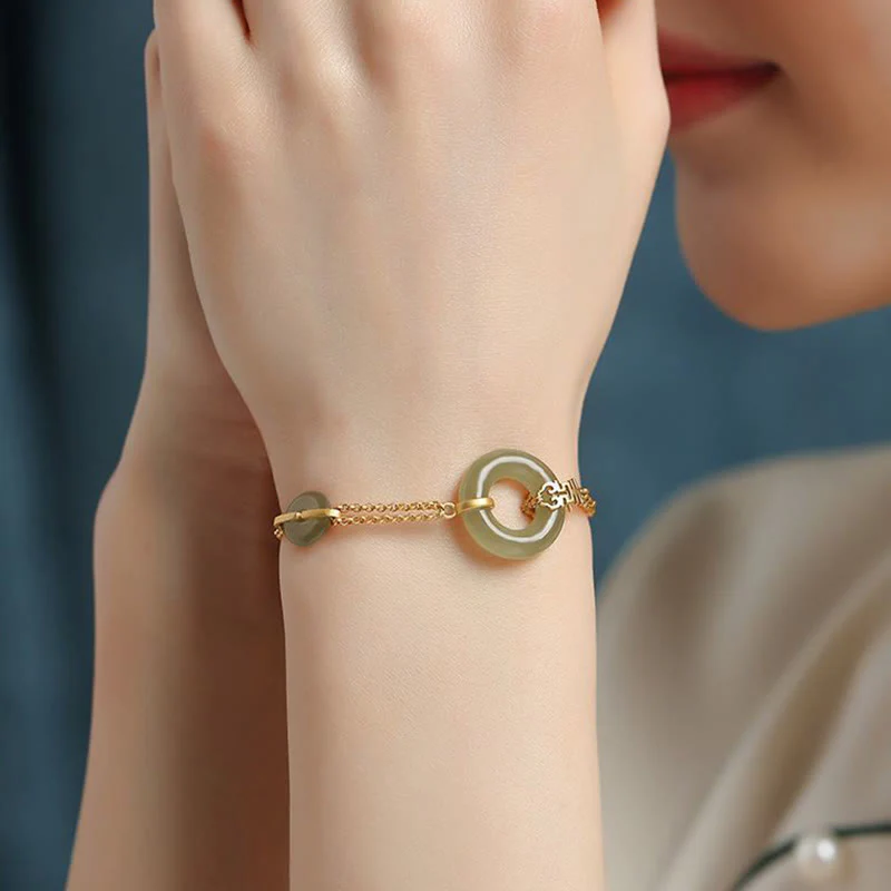 Buddha Stones Round Jade Peace Buckle Gourd Fu Character Auspicious Prosperity Chain Bracelet