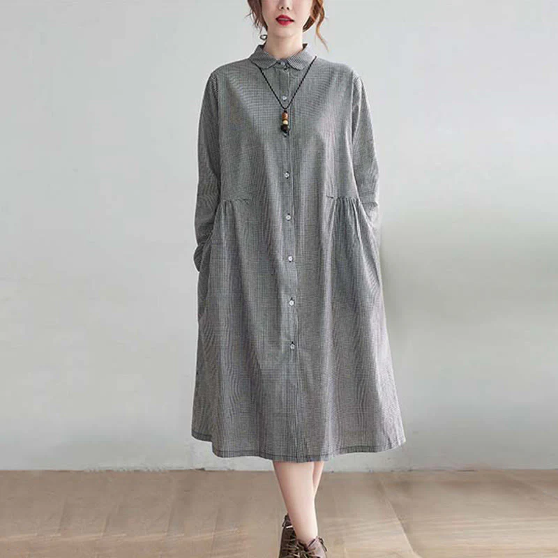 Buddha Stones Small Grid Pattern Cotton Linen Women's Midi Dress With Pockets