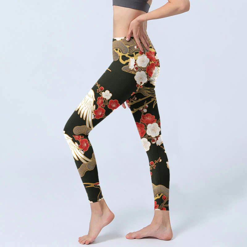 Buddha Stones Red Crowned Cranes Plum Blossoms Branches Pattern Print Gym Leggings Women's Yoga Pants