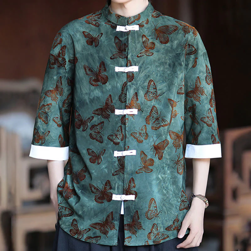 Buddha Stones Jacquard Butterfly Pattern White Frog-Button Design Stand Collar Men's Three Quarter Sleeve Cotton Shirt Cardigan