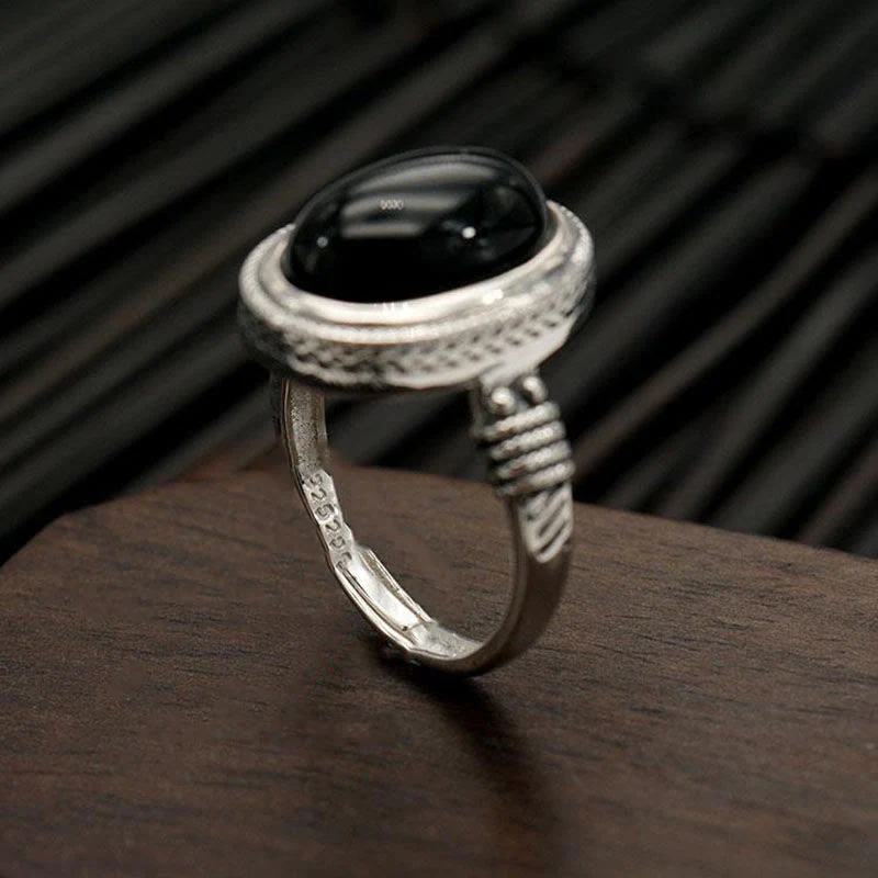Buddha Stones Natural Black Onyx Adjustable Protection Ring