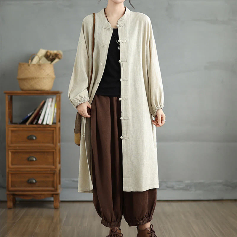 Buddha Stones Casual Frog-button Women's Cotton Linen Coat With Pockets